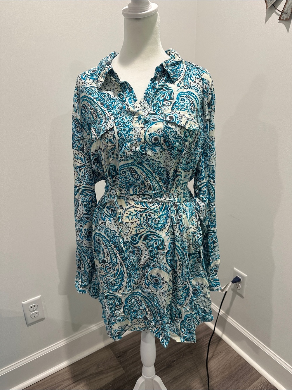 Bit & Bridle Teal and White Paisley Long-Sleeve Shirt Dress